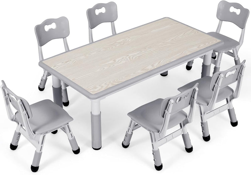 Arlopu Kids Study Table and 6 Chairs Set, Height Adjustable Graffiti Table, Preschool Activity Art Craft Table for 6, Multifunctional Toddler Table, Reading, Drawing, Eating Interaction (Gray)