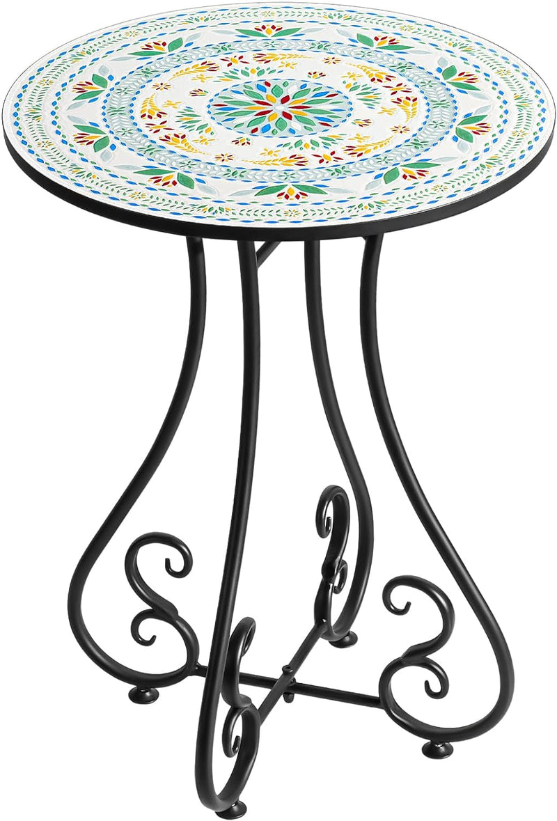 14" Outdoor Side Table, Scrollwork Accent round End Table, Unique Relief Ceramic Tile Tabletop with Metal Frame, Coffee Tea Table Nightstand for Living Room, Bedroom