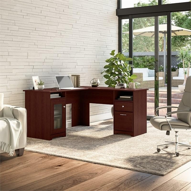 BOWERY HILL 60" Transitional Engineered Wood L-Computer Desk in Harvest Cherry