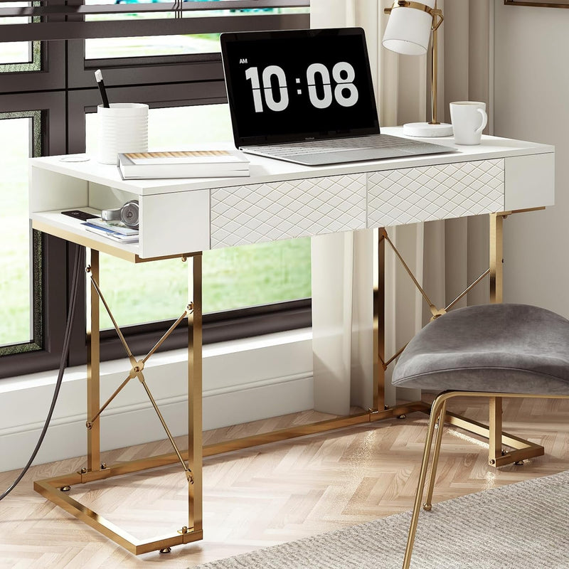 Computer Desk with Drawers, 42 Inch Home Office Desk with Power Outlets, Modern Writing Desk, Vanity Desk with Storage, White & Gold