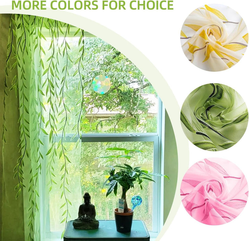 BROSHAN Green Sheer Window Curtains-Pocket Design Sheer Curtains Pretty Vine Curtains 2 Panels Leaf Pattern Curtain Sheers Voile Sheer Window Curtain Panels for Kids Bedroom Living Room Nursery