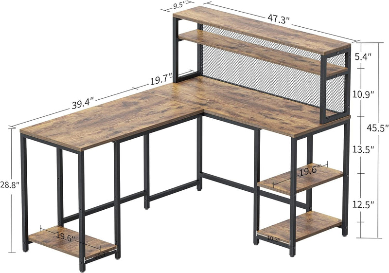 Cubicubi L Shaped Computer Desk with Hutch & Iron Mesh, 59 Inch Large Home Office Desk with Storage Shelves, Study Table Writing Desk Workstation, Brown