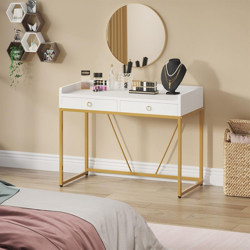 Computer Desk Writing with 2 Drawers Home Office Simple Table Makeup Vanity Gold White Mid-Century Modern Contemporary Rectangular Metal Wood Finish