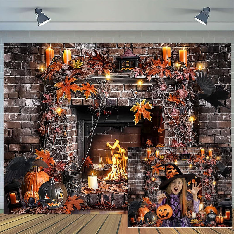 10X8Ft Halloween Fireplace Backdrops Photography Fall Fireplace Stone Brick Floor Skulls Hallowmas Wall Background Halloween Photo Decorations Studio Props