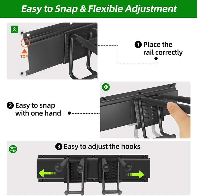 Garage Organization, Garage Tool Organizer Wall Mount with 48 Inches Rails and 6 Double-Layer Hooks, Garden Tool Rack Heavy Duty, Garage Hanging Storage Rack for Yard Tools, Shovel, Shed