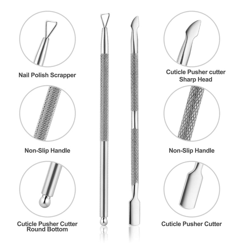 2PCS Cuticle Pusher and Cutter with Storage Case,Professional Cuticle Pusher Nail Polish Remover Stainless Steel Manicure Tool Set,Durable Pedicure Manicure Tools for Fingernails Toenails (Silver)