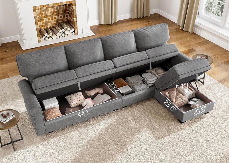 HONBAY Sectional Couch with Storage Seat L Shaped Sectional Couch with Reversible Chaise Small Sectional Couches for Living Room,Light Grey