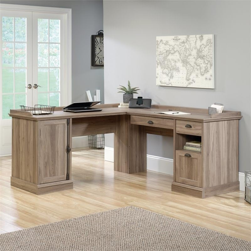 BOWERY HILL Antique Look Home Office L-Shaped Computer Desk with CPU Tower in Salt Oak