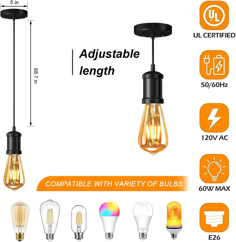 2-Pack Industrial Pendant Light Fixtures, E26/E27 Base, Vintage Style Black Hanging Cord, ETL Lamp Holder for Kitchen, Bedroom, Corridor - Bulbs Not Included