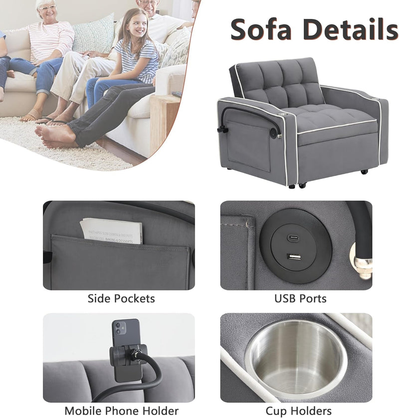 Convertible Chair Bed, Modern Velvet Sofa Chair Sleeper Bed with USB Ports & Cup Holders, Adjustable Backrest Single Lounge Armchair with Phone Holder for Living Room Bedroom, Dark Gray