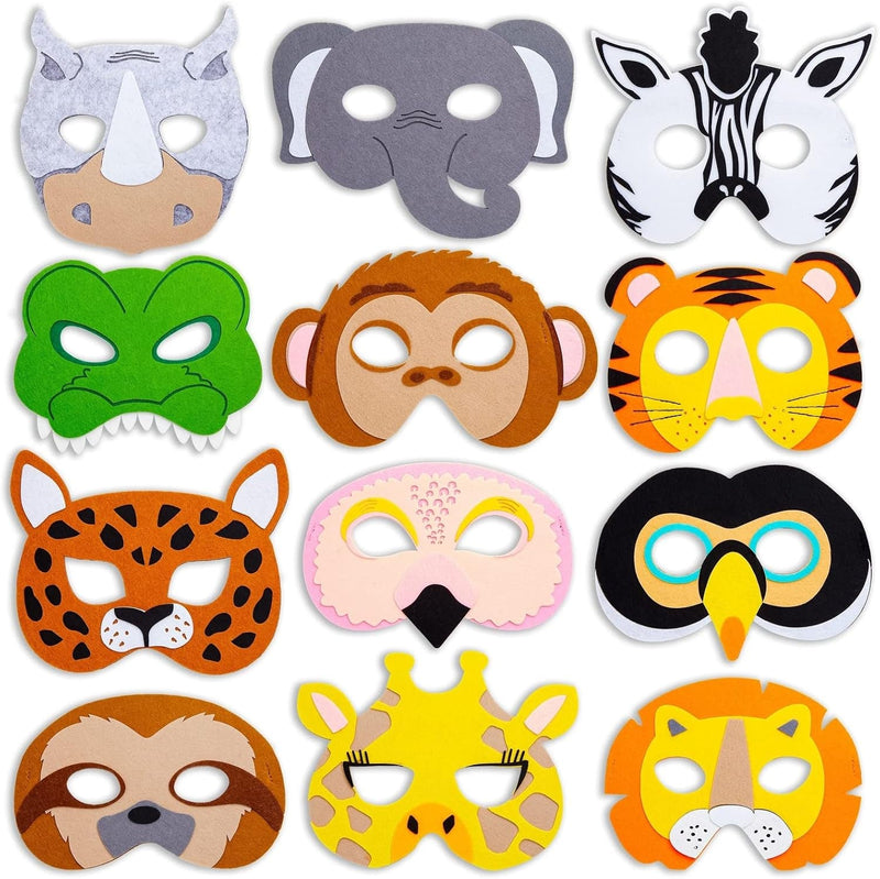 BLUE PANDA 12 Pack Felt Animal Masks for Kids, Jungle Safari Party Favors for Birthday (7X7.2 In)