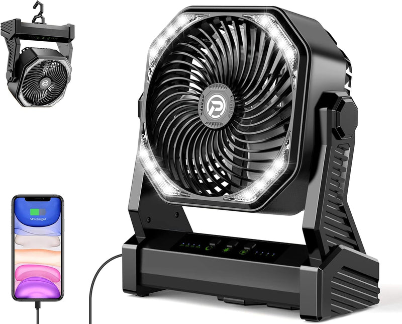 20000Mah Battery Operated Fan, Portable Rechargeable Desk/Camping Fan with Light and Hook, 270° Pivot 4 Speeds Battery Powered Outdoor Fan for Tent Car Trip Sleep Hurricane Power Outages…