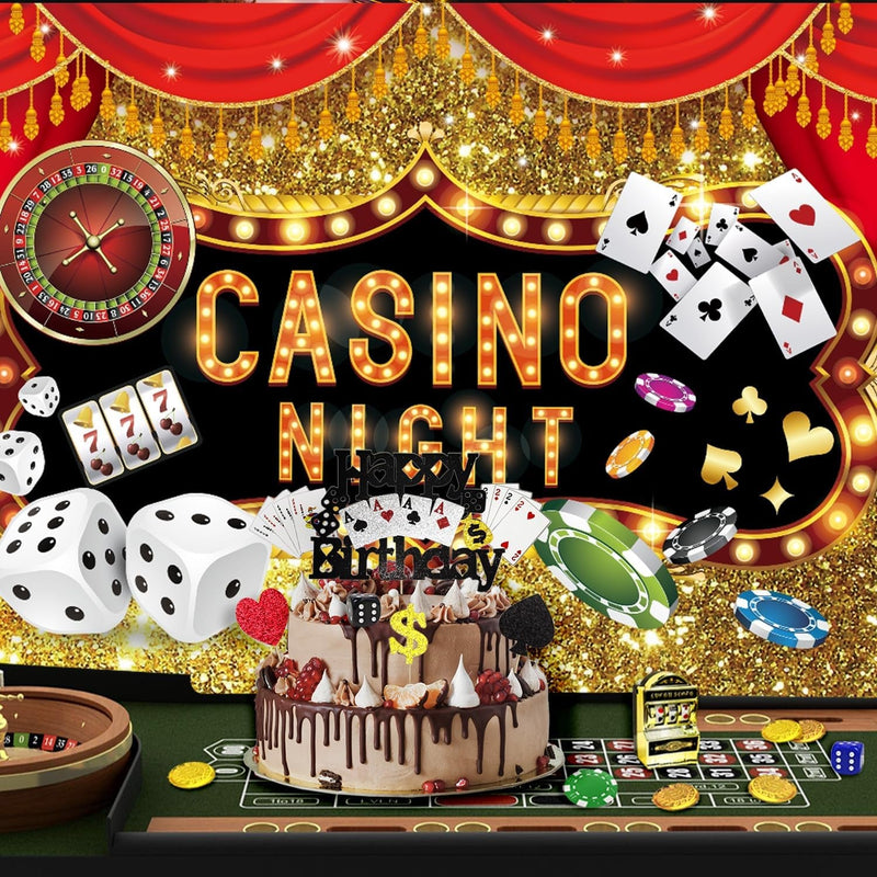 Casino Night Poker Dice Photography Backdrop Vinyl Las Vegas Gold Glitter Bokeh Photo Background Casino Themed Birthday Party Decorations Banner Photo Booths Studio Props 71 X 43 Inch