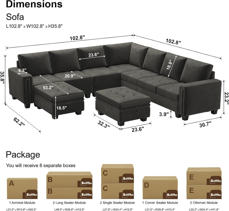 Belffin Oversized Velvet Modular 8-Seat Sectional Sofa Set with Storage Ottoman U Shaped Couch Set Modular Sectional Convertible Sofa Couch with Reversible Chaise Corner Sofa Couch Set Grey