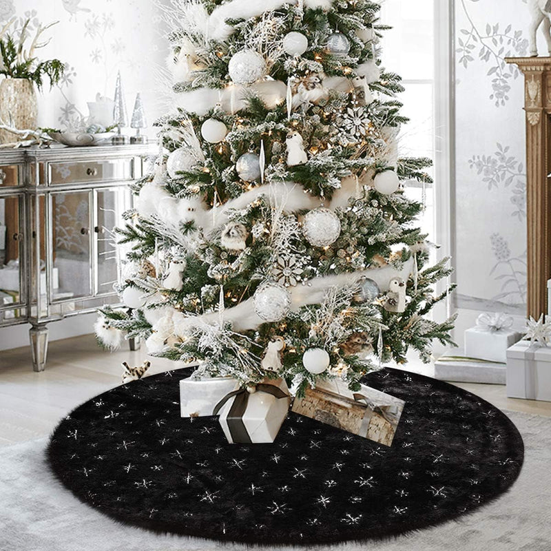 Black Christmas Tree Skirt,48 Inches Black Faux Fur with Silver Sequin Snowflakes Tree Rug Xmas Tree Mat for Holiday Winter New Year House Christmas Decorations