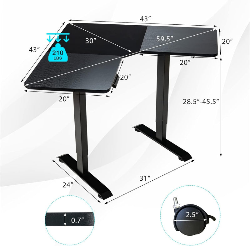 COSTWAY L Shaped Electric Adjustable Desk, L-Shaped Standing Computer Desk W/Splice Tabletop, 2 Hooks & Rolling Casters, Sit-Stand Corner Desk W/ 4 Memory Positions for Home Office (Black)