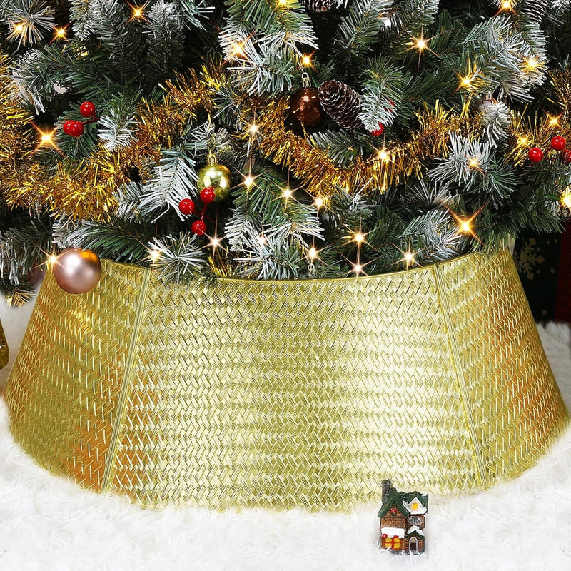 Christmas Tree Collar, 28” Metal Tree Skirt with Woven Pattern, Plating Gold Tree Collar for Real & Artificial Christmas Trees 5-Panel, Xmas Tree Base Cover for Holiday Decor (Shiny Gold)