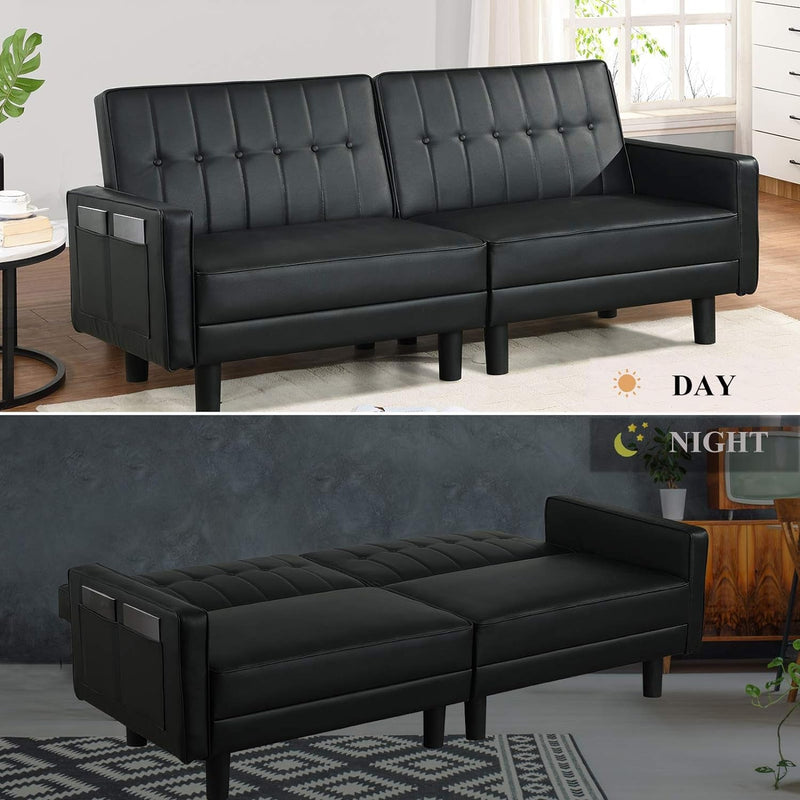 BINGTOO Futon Sofa Bed- Loveseat Sofa Sleeper with Adjustable Backrest- Convertible Chair Sleeper Bed for Compact Living Space, Apartment, Dorm- Leather Sleeper Sofa Bed Couch (Black)