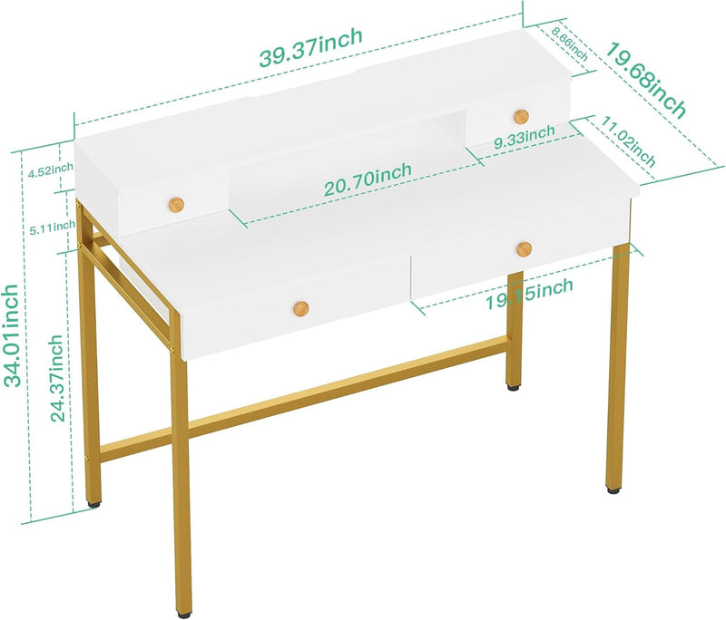 Elephance Small Computer Desk with Monitor Stand 39.37" Home Office Desk with 4 Drawers Study Writing Desk Gaming Table for Small Space