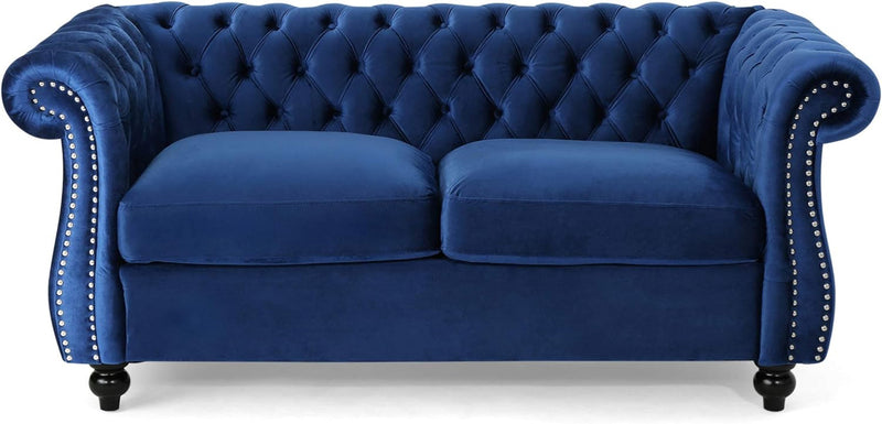 Christopher Knight Home Karen Traditional Chesterfield Loveseat Sofa, Navy Blue and Dark Brown, 61.75 X 33.75 X 27.75