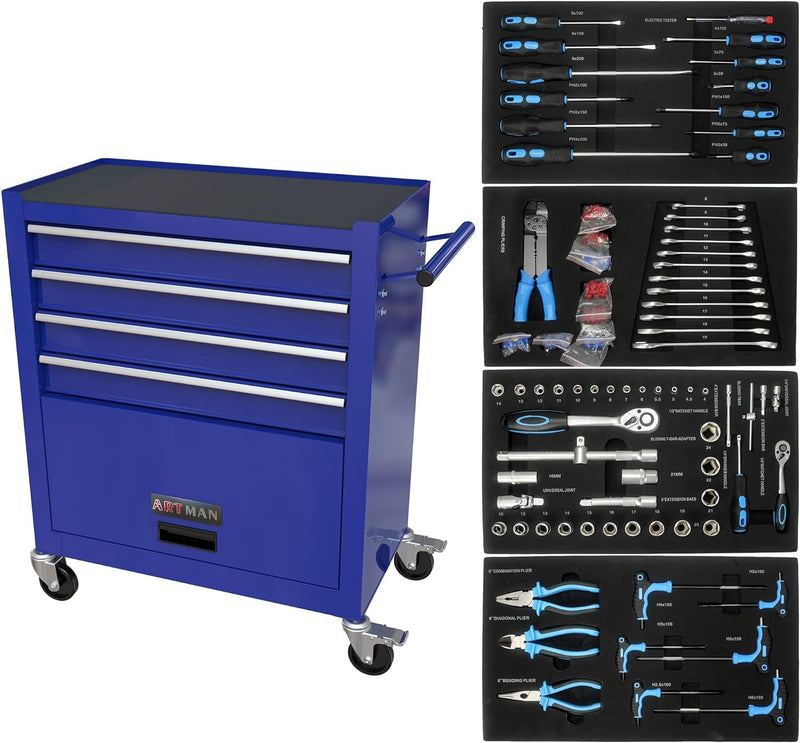 233-Piece Mechanics Tool Set, Household Tool Kit with 4-Drawer Heavy Duty Metal Tool Cabinet, Portable Tool Box for Home/Auto Repair - Gift for Men (Blue)