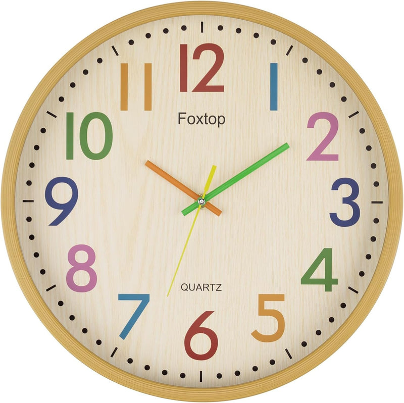 Foxtop Silent Kids Wall Clock 12 Inch Non-Ticking Battery Operated Colorful Childrens Clock for Classroom Playroom Nursery Bedrooms Kids Room School