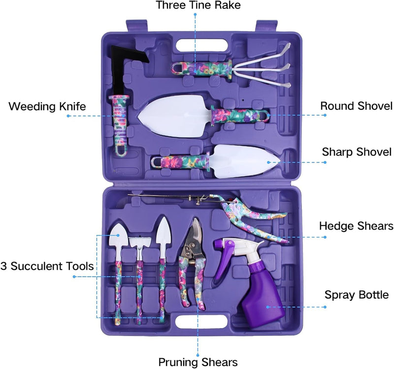 Garden Tools Set, JUMPHIGH 10 Pieces Gardening Tools with Purple Floral Print, Ergonomic Handle Trowel Rake Weeder Pruner Shears Sprayer, Garden Hand Tools with Carrying Case Gardening Gifts for Women