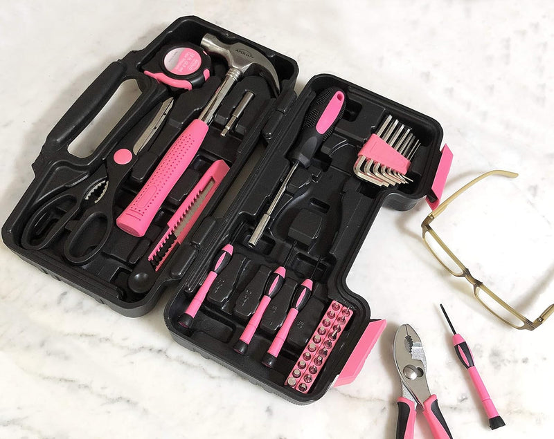 Apollo Tools Original 39 Piece General Household Tool Set in Toolbox Storage Case with Essential Hand Tools for Everyday Home Repairs, DIY and Crafts - Pink Ribbon - Pink - DT9706P