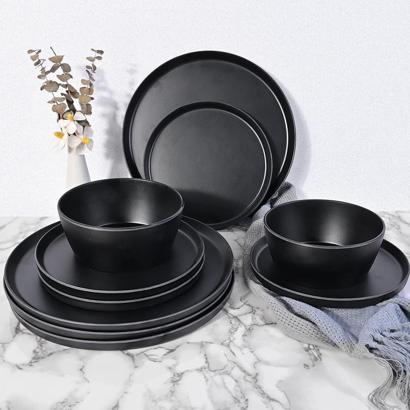 12-Piece Plastic Dinnerware Set Plates and Bowls Sets Service for 4 Matte Black Melamine Plates Unbreakable Plastic Outdoor Camping Dishes Decor Dishwasher Safe