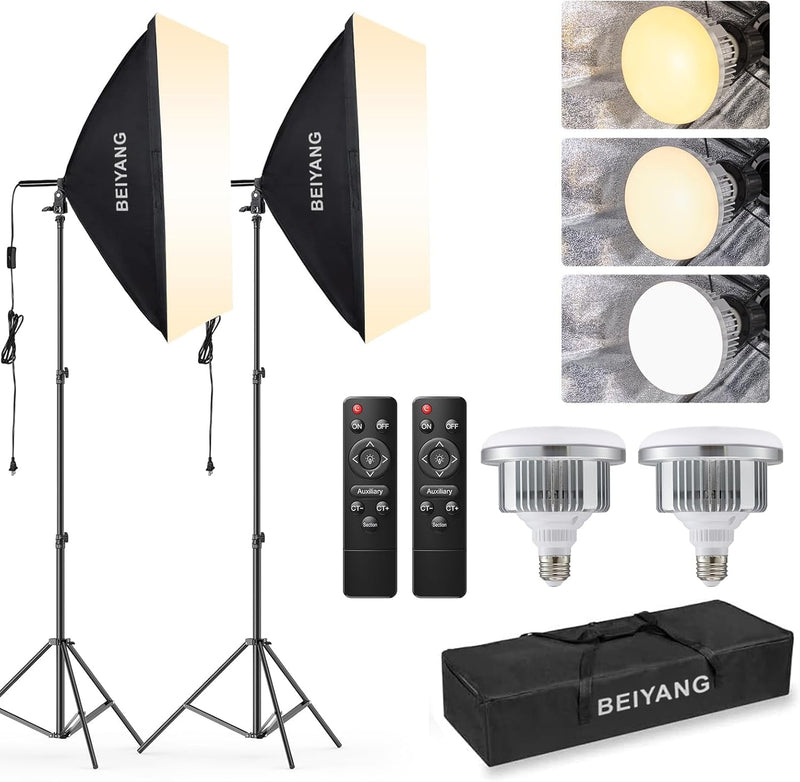 BEIYANG Softbox Lighting Kit, 2X20''X28'' Photography Soft Box with 2 Pcs 85W 6000K E27 LED Socket LED Bulbs, Studio Lights for Photography/Video Recording/Live Streaming