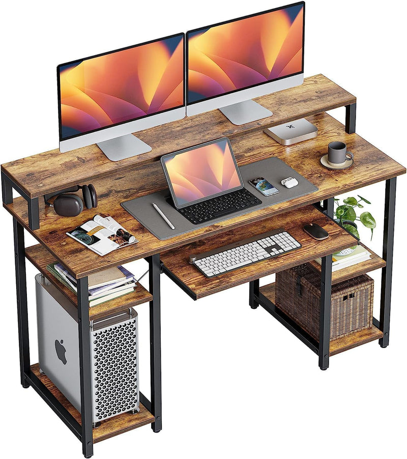 Cubicubi Computer Desk with Drawers, 47 Inch Reversible Office Desk with Monitor Stand and Storage Shelves, Work Writing Study Desk Table for Home, Rustic Brown