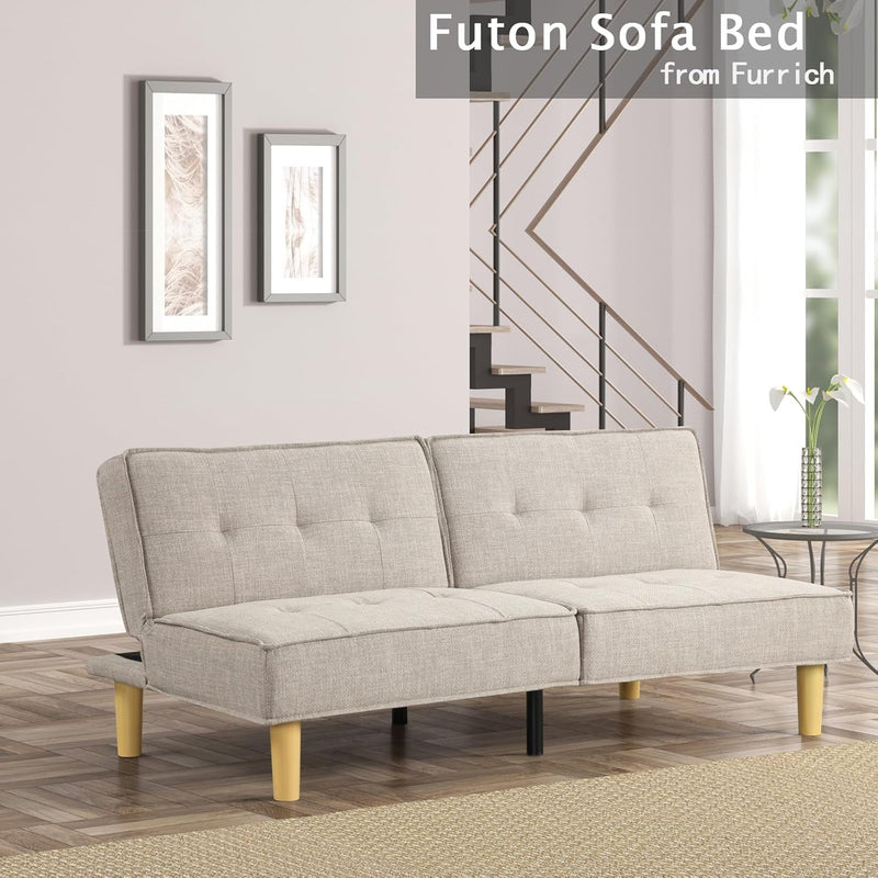 Convertible Futon Sofa Bed, Loveseat Foldable Futon Couch Adjustable Backrest, Small Futon Couch for Living Room, Small Space, Apartment, Beige Fabric 307BG