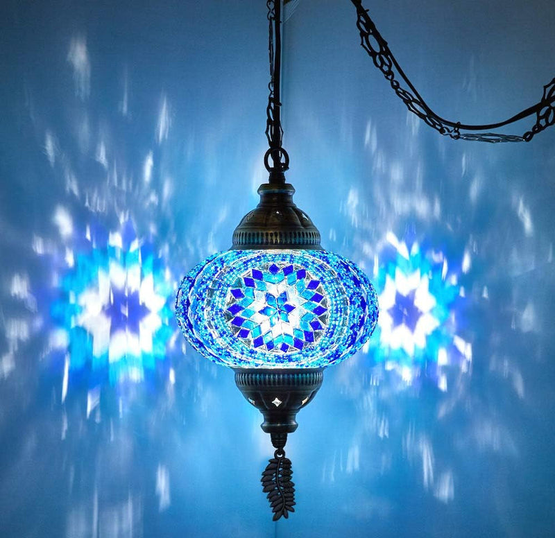 DEMMEX Authentic Turkish Plug in Light, Handmade in Turkey, 6.5" Globe, Turkish Moroccan Mosaic Swag Plug in Ceiling Hanging Pendant Light Fixture, 15Ft Cord & Decorated Chain (Green)