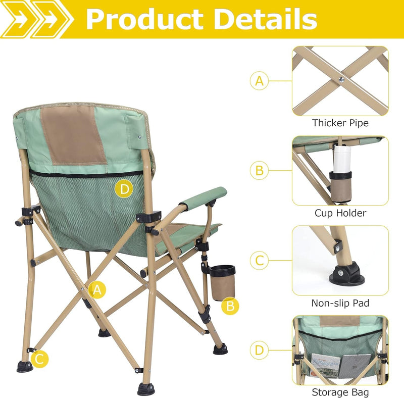 2Pcs Camping Chair with Padded Hard Armrest, Sturdy Folding Camp Chair with Cup Holder, Lawn Chair Back W Mesh Storage Bag, Support to 400 Lbs (Green with Khaki)