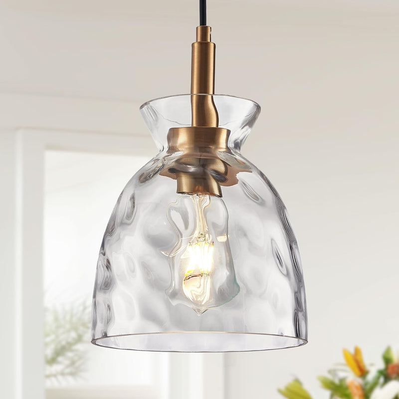 1-Light Glass Pendant Light for Kitchen Island,Industrial Pendant Lighting with Hammered Glass Shade,Modern Chandelier Hanging Ceiling Lighting for Dining Room Entryway,E26 Base,Gold