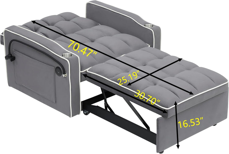 3 in 1 Single Sleeper Sofa Chair with Pullout Bed, 3 in 1 Sleeper Sofa Couch Bed, Convertible Pull-Out Sofa Bed, Velvet Sleeper Sofa Bed with Cup Holder USB for Living Room RV Grey