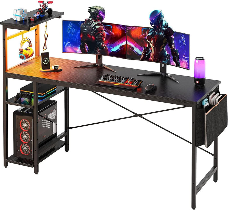 Bestier Gaming Desk with Shelves, 61 Inch Large PC Gaming Table with LED Lights, Led Gamer Desk with 4 Tiers Reversible Storage Shelves for Game & Bedroom Room (Black Grained)