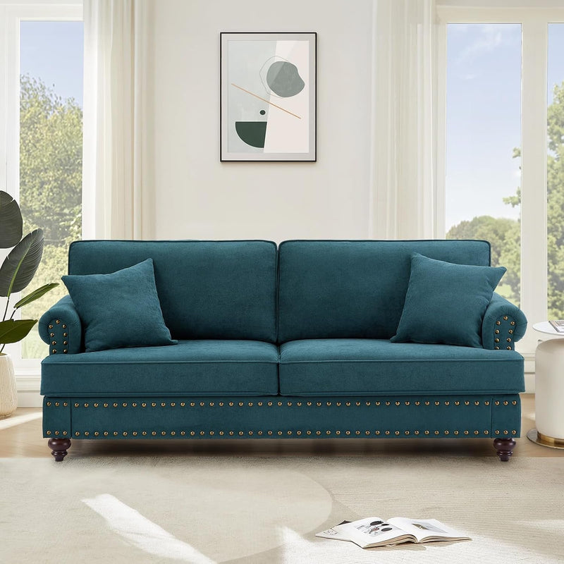 Antetek Chenille Sofa Couch, 78-Inch Mid-Century Modern Upholstered 3-Seater Sofas with Solid Bun Feet/Thick Cushion/Pillow for Living Room, Apartment, Office, Lake Green