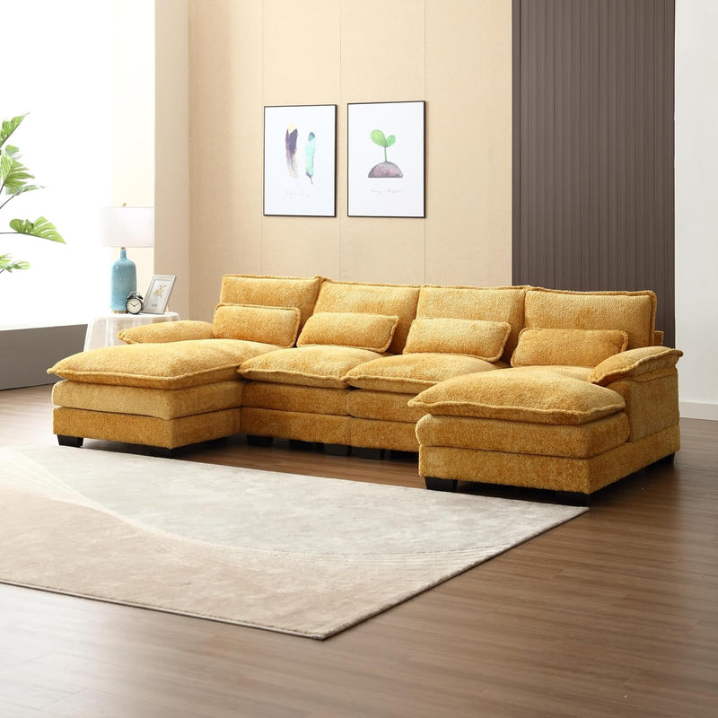 110.63" Chenille Sectional Cloud Sofa Couch for Living Room, Modern U Shaped Modular Sofa with Double Chaise, Large Overstuffed Lounge Sofa for Bedroom Apartment Office (Mustard Yellow)