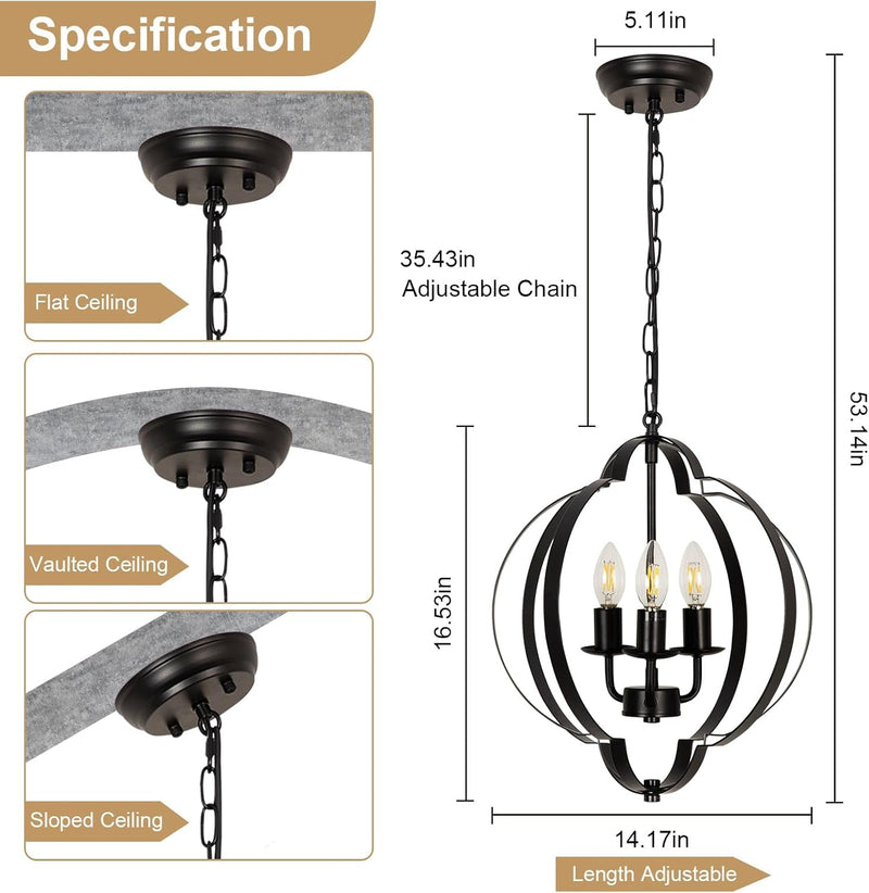 DLLT 3-Light Black Farmhouse Chandelier, Rustic Dining Room Light Fixtures over Table, Copper Adjustable Chandelier for Entryway, Living Room, Bedroom, 40W, E12 Base (Bulbs Not Included)