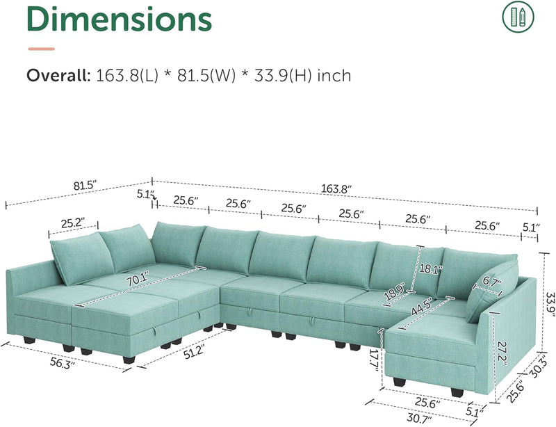 HONBAY Convertible U Shaped Modular Sofa Sectional Modular Couch with Chaise Oversized Sofa Sleeper Couch for Large Living Room,Aqua Blue