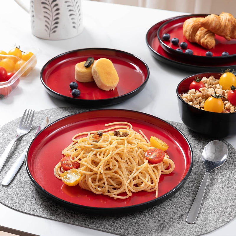 12-Piece Dinnerware Sets for 4 - Dinner Plates, Dessert Plates, Cereal Bowls, Lightweight Melamine Plates and Bowls Sets, RV, Kitchen Dishes for Outdoor Use, Red and Black