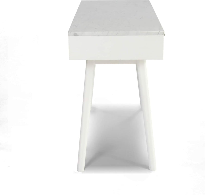 Bianco Viola 44" Rectangular Italian Carrara White Marble Writing Desk with White Legs