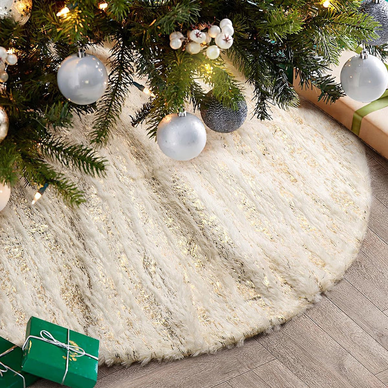 Christmas Tree Skirt, 32 Inches, White Faux Fur with Golden Hot Stamping Stripes, for Xmas Holiday Decorations Christmas Home Decor