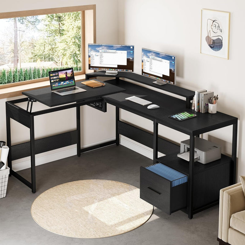 DWVO L Shaped Desk with Lift Top, 65" Adjustable Standing Desk with File Drawer, Corner Computer Desk with Storage Shelves,Home Office Desk, Black