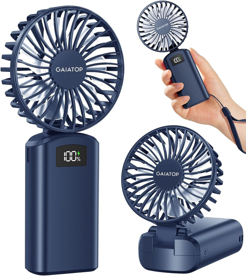 Gaiatop Portable Handheld Fan, 180° Foldable Desk Fan 3 Speed Personal Mini Hand Fan, 2000Mah Powerful Rechargeable Small Fan with Digital Display, USB Personal Fan for Office Outdoor Makeup-Black