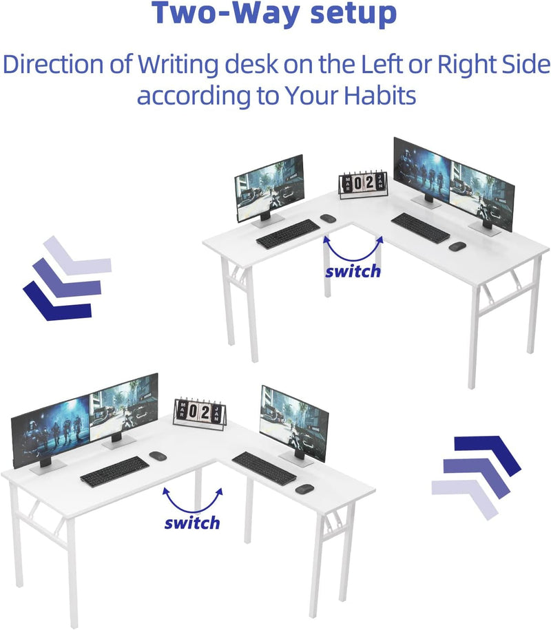 Dlandhome L-Shaped Folding Computer Desk 55Inches and 55Inches Left and Right Adjustable Half-Installed Home Office Workstation Corner Table,White +White