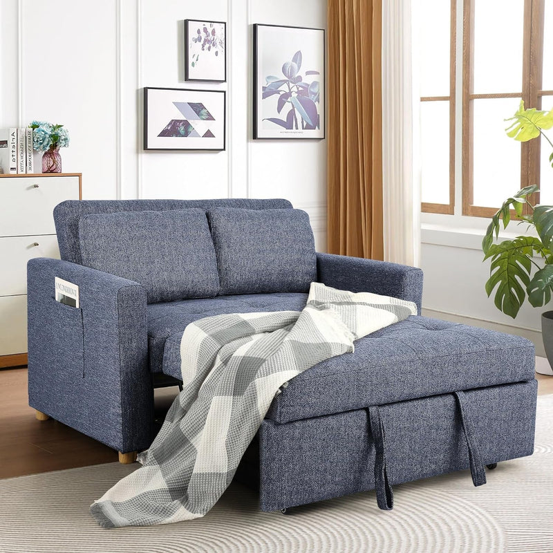 Umwandelbares Schlafsofa, 3-in-1-Schlafsofa, Ausziehcouch, 2-Sitzer-Futonsofa aus Leinenstoff mit Federunterstützung, verstellbare Rückenlehne für kleine Räume, Wohnzimmer, Olivgrün