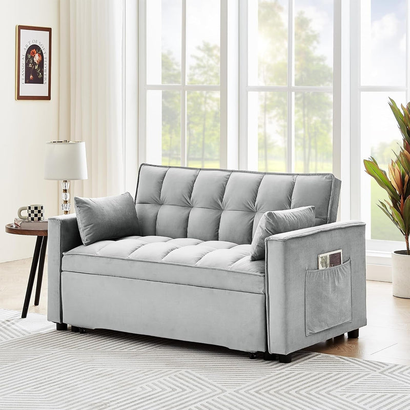 Full Size Pull 3 in 1 Convertible, Fluffy Velvet Loveseat Cama, Lounge Sleeper Sofa with Pullout Bed, Small Futon Couch for Living Room, Bedroom, 55" W, Grey