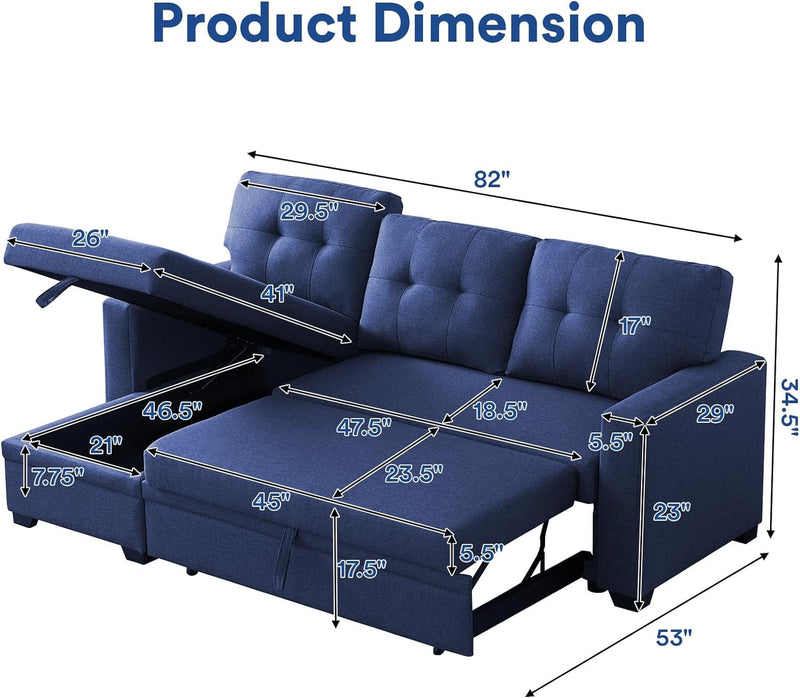 4-In-1 Convertible L Shaped Couch with Pull Out Bed and Storage Sectional Sleeper Sofa with Reversible Chaise for Living Room, Apartment, Bedroom, Office, Blue